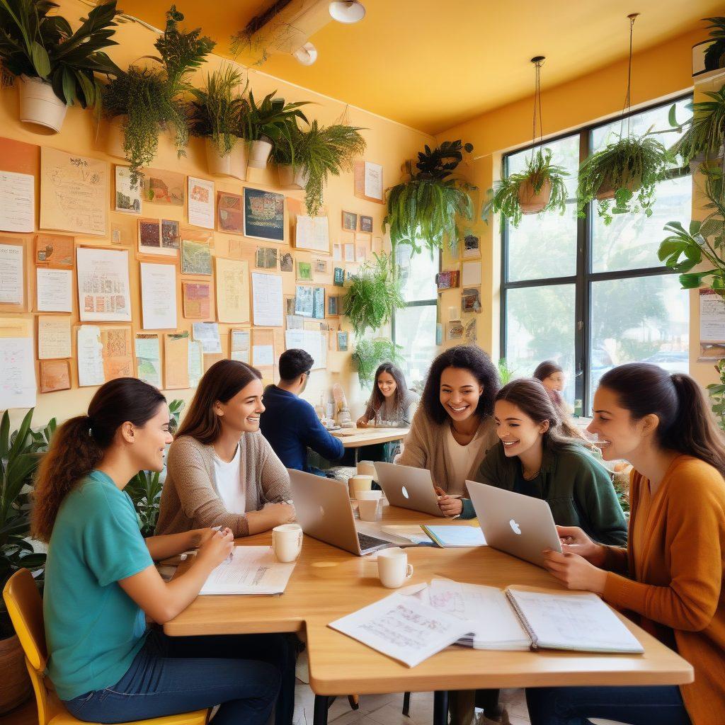 A lively gathering of diverse individuals collaborating in a cozy café setting, surrounded by open laptops and notebooks filled with vibrant sketches and notes. The atmosphere is warm and inviting, with colorful posters showcasing lifestyle tips on the walls and plants adding a touch of nature. The scene embodies a spirit of creativity and community sharing, with smiles and engaged conversations all around. soft focus. warm tones. vibrant colors.