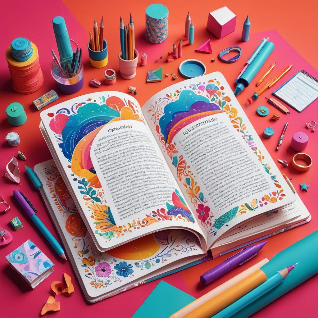 A whimsical illustration of a bright and colorful online journal interface bursting with creativity and inspiration. Include diverse people interacting with digital tools like pens, notebooks, and laptops, surrounded by vibrant illustrations of art supplies and ideas flowing around them. The background should be a dynamic blend of abstract shapes and patterns symbolizing imagination and creativity. 3D. vibrant colors. cartoonish style.