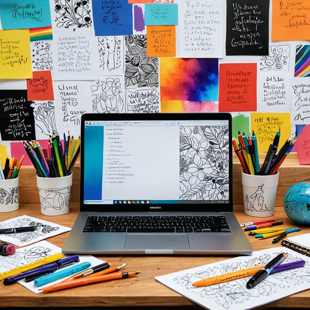 A visually captivating workspace featuring a colorful digital diary on a sleek laptop, surrounded by vibrant art supplies and sketches. In the background, creative elements like illustrations, notes, and inspirational quotes float around, symbolizing content creation. The overall atmosphere should be lively and inviting, encouraging creativity. super-realistic. vibrant colors. 3D.